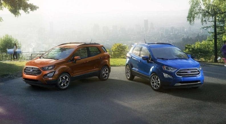 Orange and Blue 2018 Ford Ecosports at park with city in back
