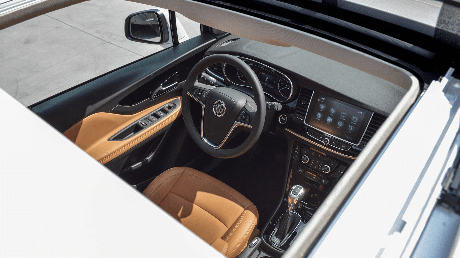 2019 Buick Encore interior from the sunroof, brown leather seats