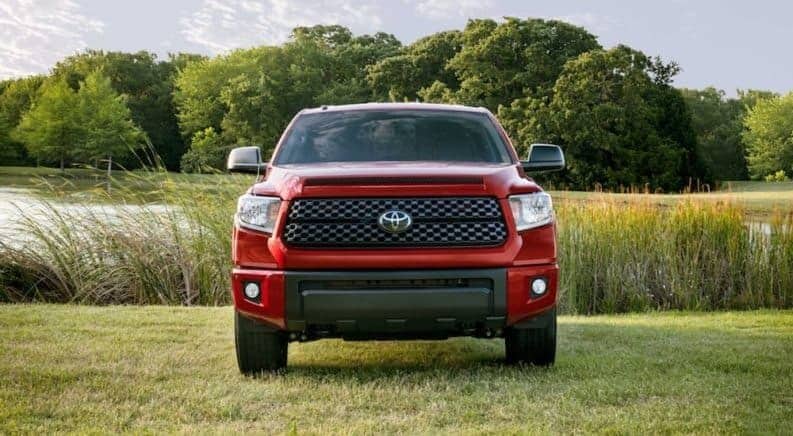 A bright red 2019 Toyota Tundra parked in a green grassy field.