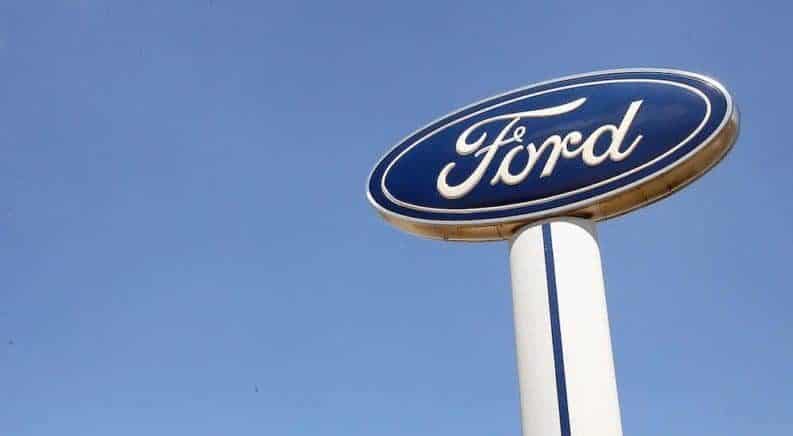 A blue oval Ford sign outside a Ohio dealership