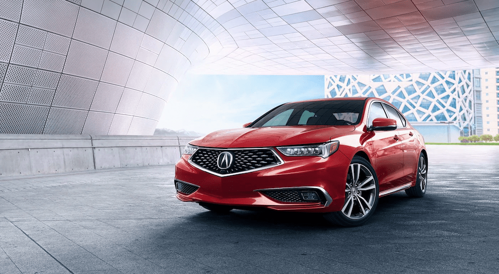A red 2019 Acura TLX at a modern Acura Dealership