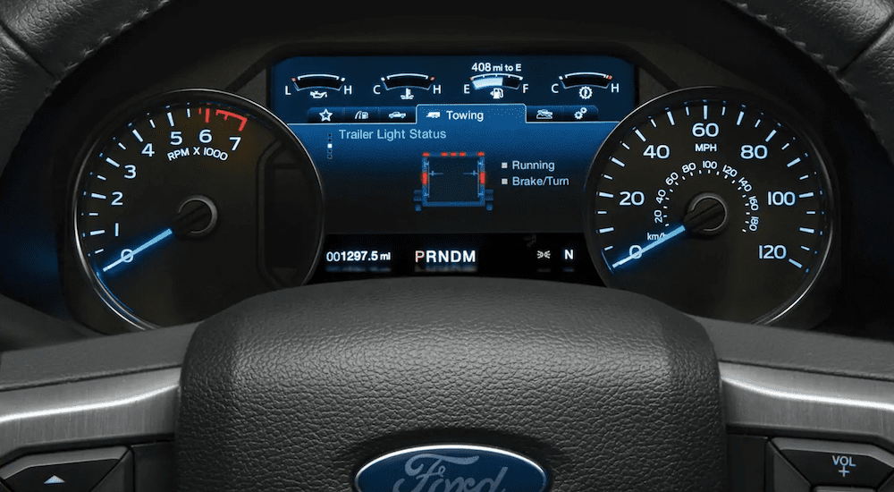 A closeup of the driver information cluster on a 2019 Ford F150