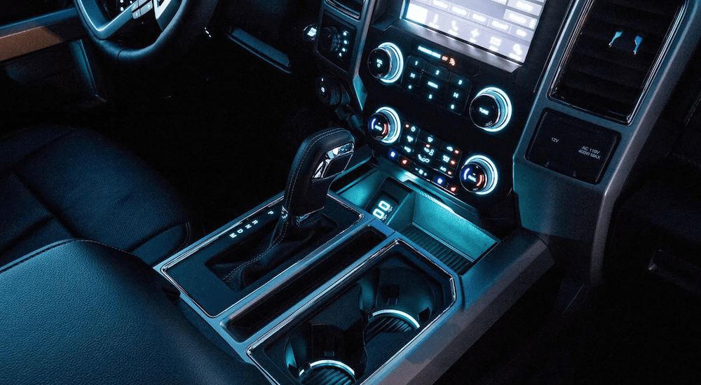 A closeup of the high tech interior of a 2019 Ford F150