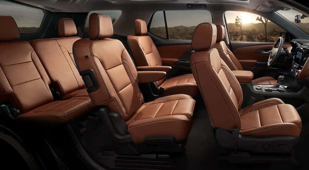 The brown interior of the 2019 Chevy Traverse is shown with 8 passenger seating. Thats three extra seats when comparing the 2019 Chevy Traverse vs 2019 Jeep Grand Cherokee.