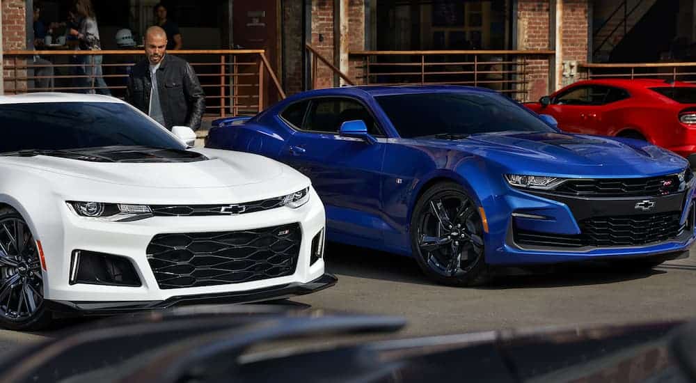 A white 2019 Chevy Camaro is parked next to a blue one with a man checking them out.