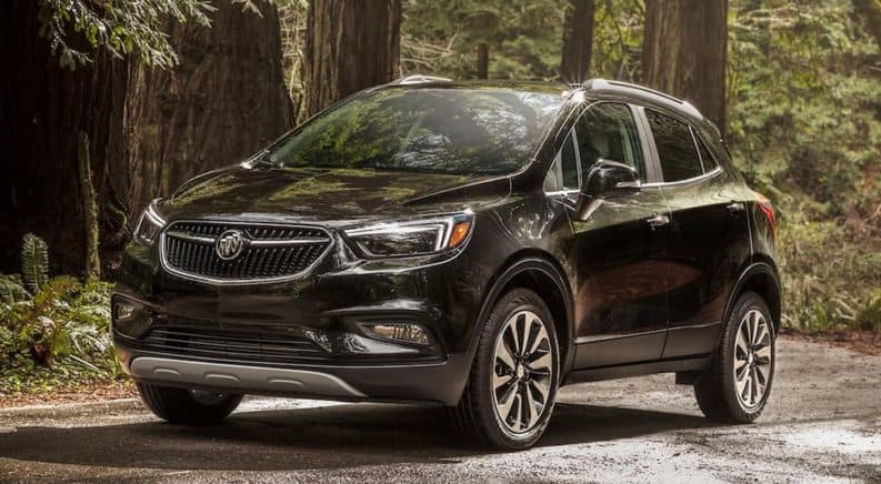 A black 2019 Buick Encore is on a tree lined trail.