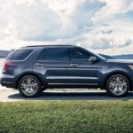 A dark colored 2019 Ford Explorer is parked in front of a bay of water.