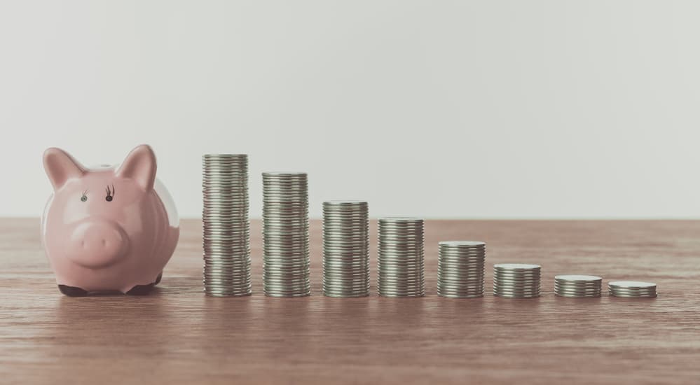 A piggy bank is shown with money next to it in front of a white background.