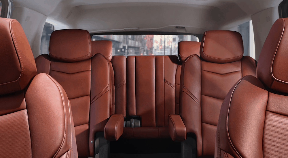 The brown interior of the 2019 Cadillac Escalade is shown.