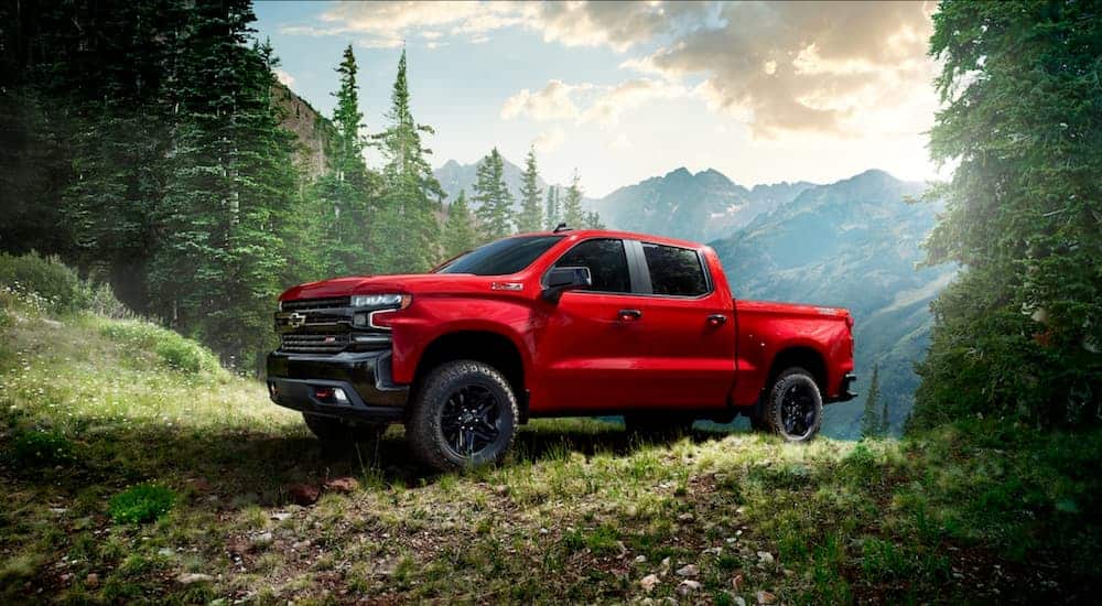 A red 2019 Chevy Silverado LT Trail Boss is on a trail in the woods with mountains behind it.