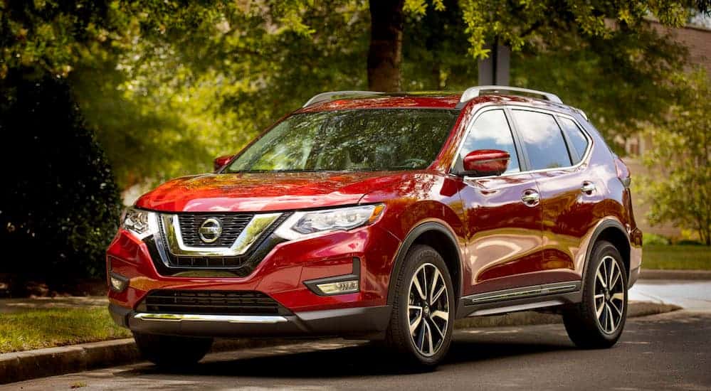 A red 2019 Nissan Rogue is parked on a road with trees in the background.