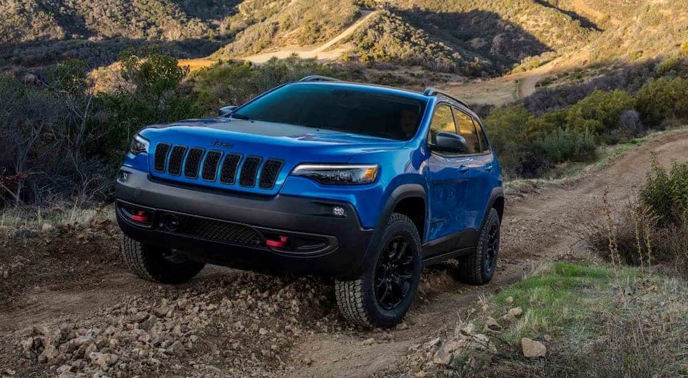 A blue 2019 Jeep Cherokee is on a dirt trail.