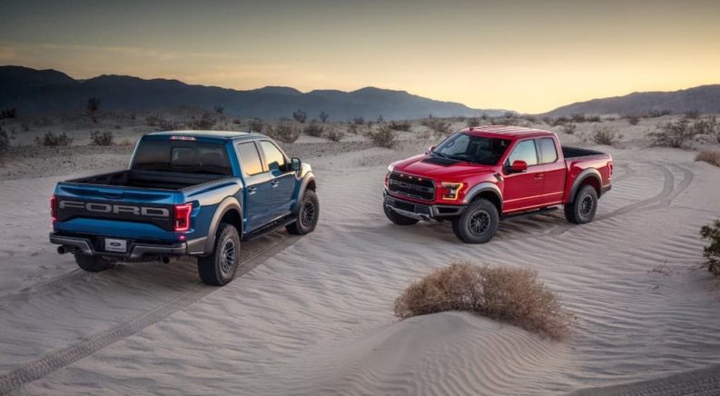 A blue and a red 2019 Ford Raptor are parked in the desert.