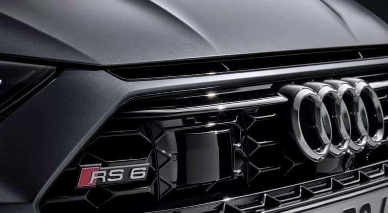 A close up of the front of a grey 2020 Audi RS6 Avant.