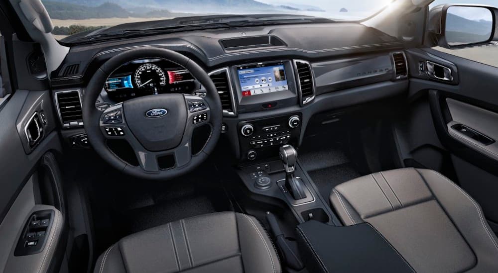 The front black leather interior of the 2019 Ford Ranger. 
