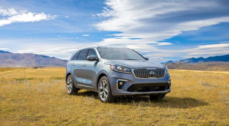 A silver 2020 Kia Sorento is parked in a grassy field on a bright sunny day.