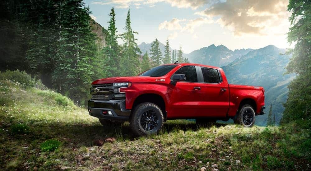 A red 2019 Chevy Silverado, popular among lifted trucks for sale in GA, is driving through the woods.