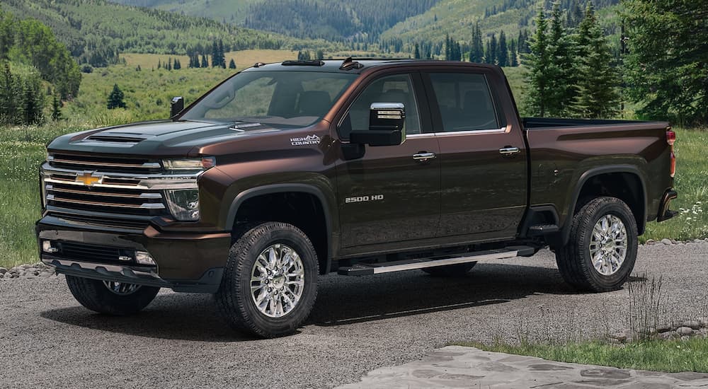 A brown 2020 Chevy Silverado 2500HD is parked on a grass lined road with mountains in the background. 
