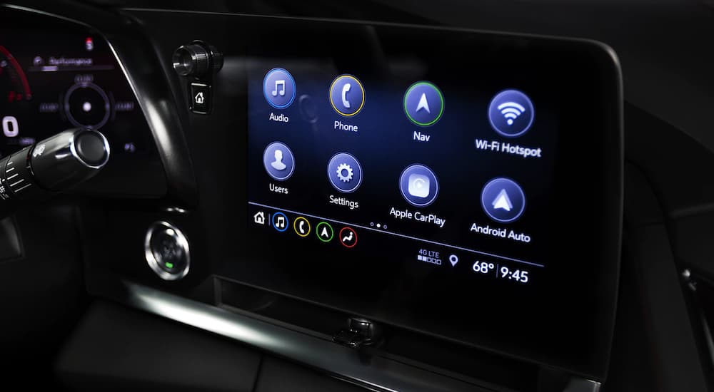 A close up view of the touch screen found in a 2020 Chevy Corvette with Apply CarPlay and Android Auto. 