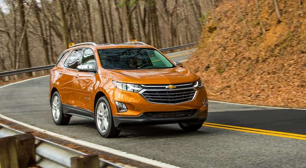 An orange 2019 Chevy Equinox, which has always been a popular Chevy SUV model, is driving on a curvy road during fall.