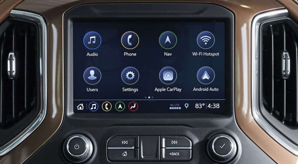 A close of the infotainment screen found in the 2020 Chevy Silverado 1500 is shown. 
