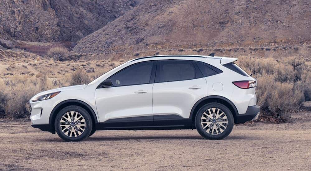 A white 2020 Ford Escape is parked on a dirt trail with large rock hills in the distance. 