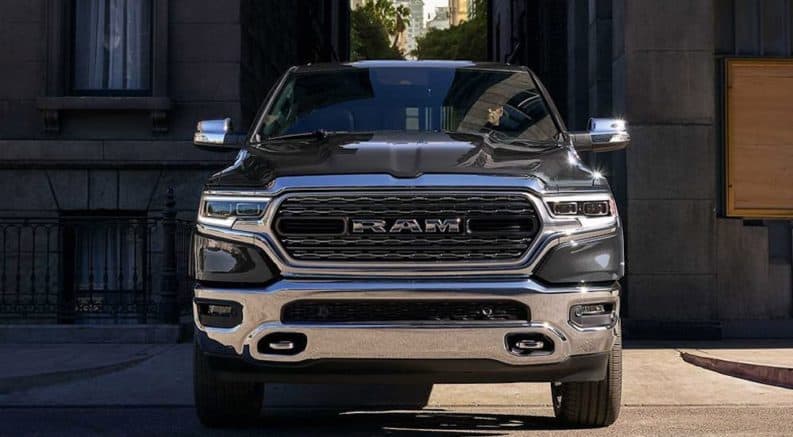 A grey 2020 Ram 1500's front grille, which is what the 2021 Ram Dakota's front grille may look like, is shown.