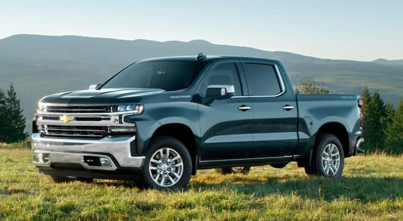A dark grey 2020 Chevy Silverado 1500, which wins when comparing the 2020 Chevy Silverado vs GMC Sierra 1500, is parked on grass in front of mountains.