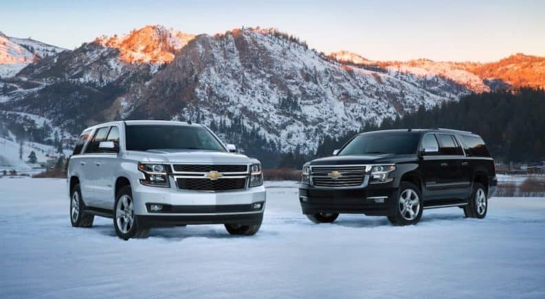A 2015 Chevy Suburban is parked next to a 2015 Tahoe in the snow in front of mountains.