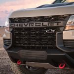 A closeup is shown of a 2021 Chevy Colorado grille.