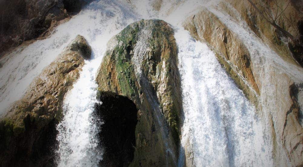 A closeup is shown of a waterfall.