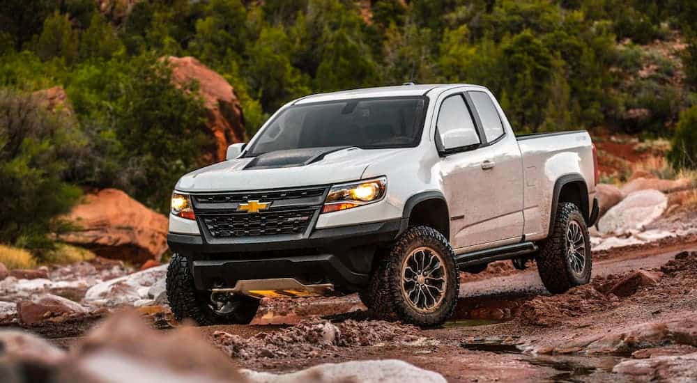 A white 2020 Chevy Colorado ZR2 is off-roading.