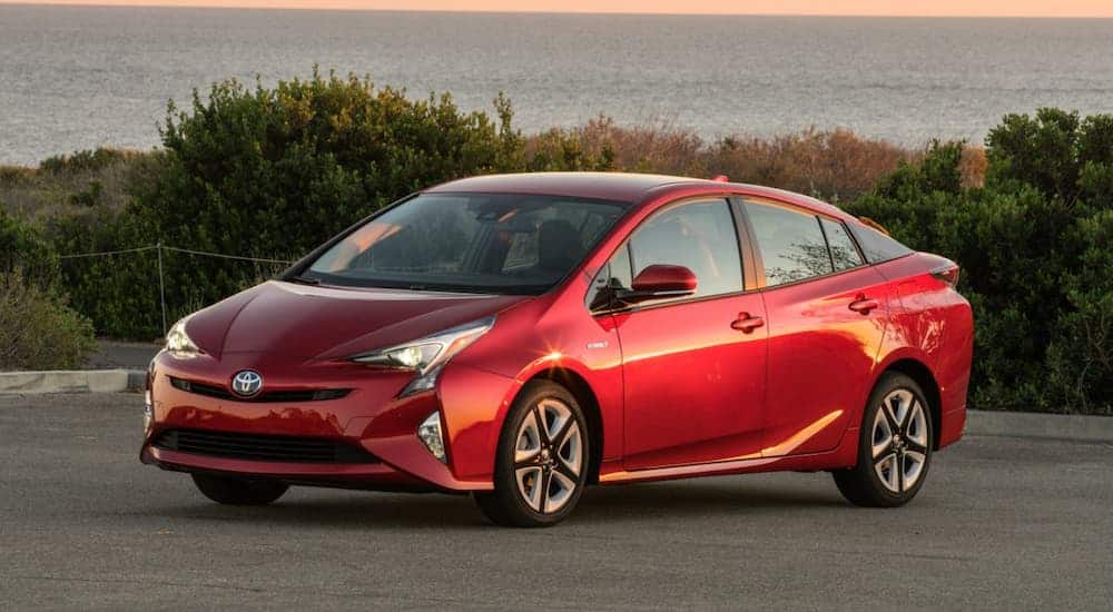 A red 2018 Toyota Prius is parked in front of shrubs and the ocean.