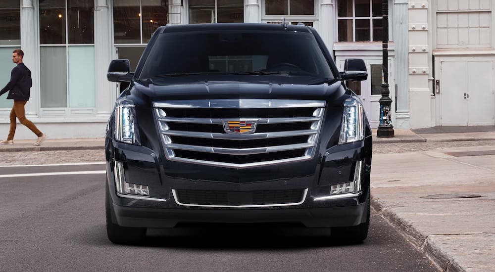 The front of a black 2020 Cadillac Escalade is shown after winning the 2020 Cadillac Escalade vs 2020 Lincoln Navigator comparison.