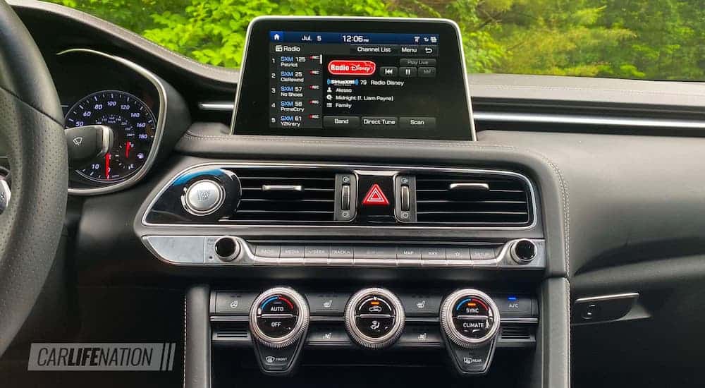 The infotainment screen in a 2020 Genesis G70 is shown.