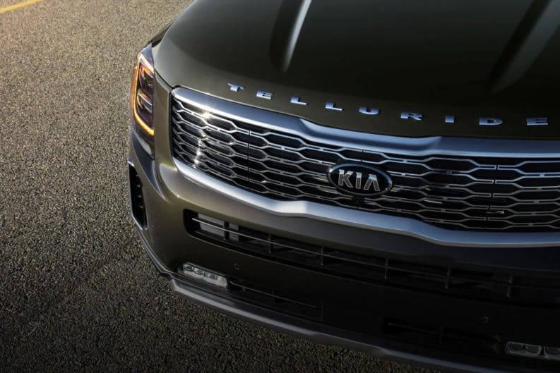 A closeup is shown fo the grille on a green 2020 Kia Telluride.