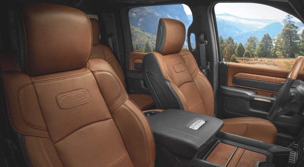 The brown leather seats are shown in a 2020 Ram 2500 Longhorn.