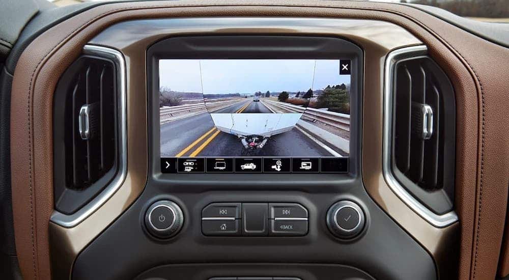 Available on new Chevy trucks for sale, the advanced transparent trailer view is shown on the infotainment screen inside a 2020 Chevy Silverado 2500HD.