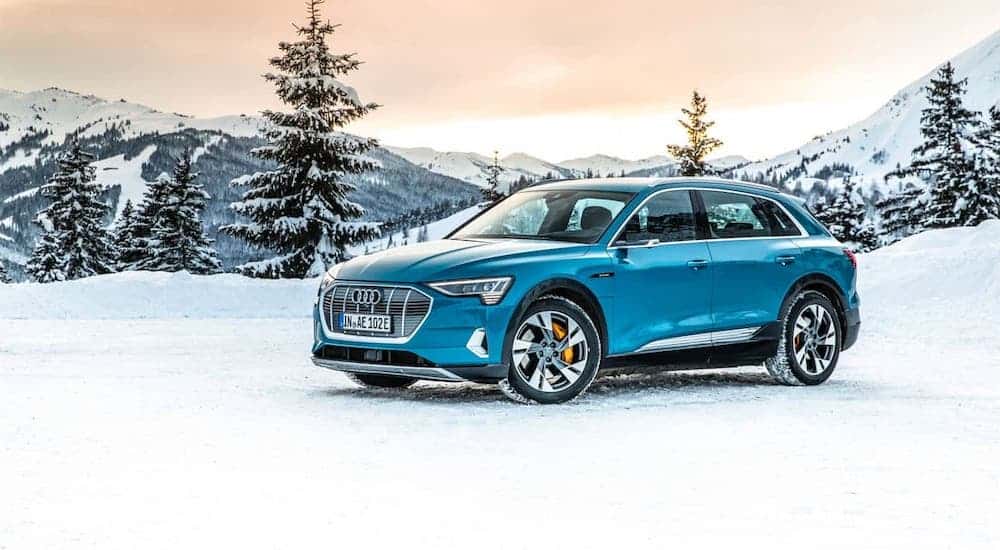 A blue 2019 Audi e-tron is parked in a snowy field in front of trees and mountain.