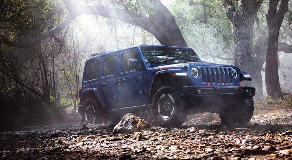 A blue 2020 Jeep Wrangler Unlimited is off-roading in the woods.