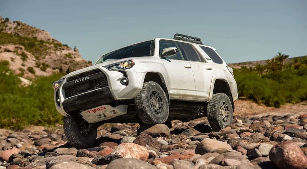 A white 2020 Toyota 4Runner is off-roading on rocky terrain.