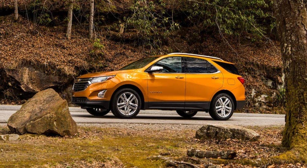 An orange 2020 Chevy Equinox is driving on a rural road with fall foliage.