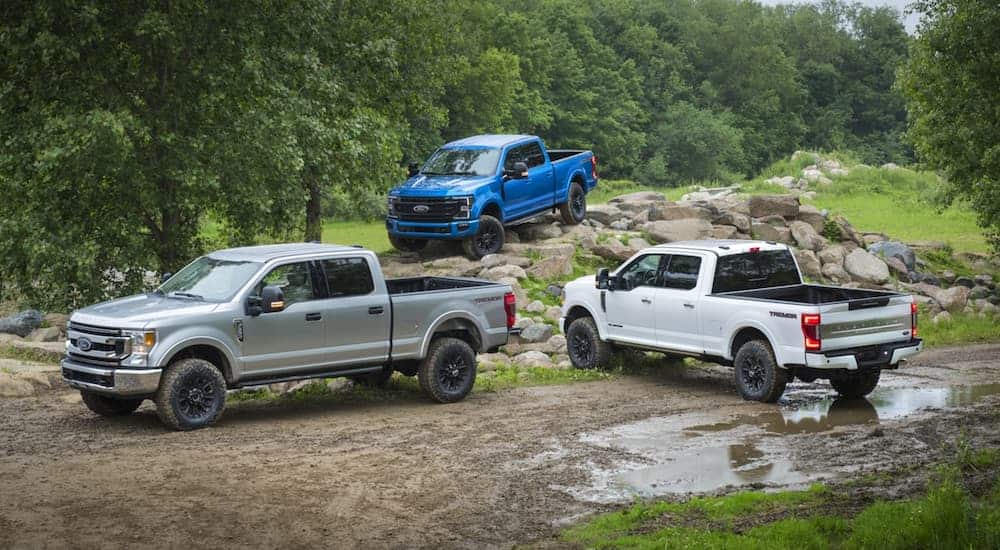 A grey, blue, and a white 2020 Ford F-250 Tremor are parked on a muddy trail off-road.