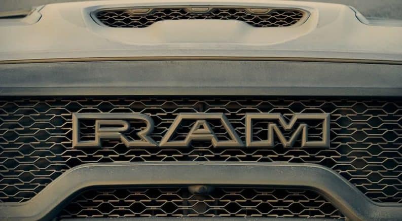 The grille of a 2021 Ram 1500 TRX, soon to be at a Ram dealer near me, is shown in closeup.