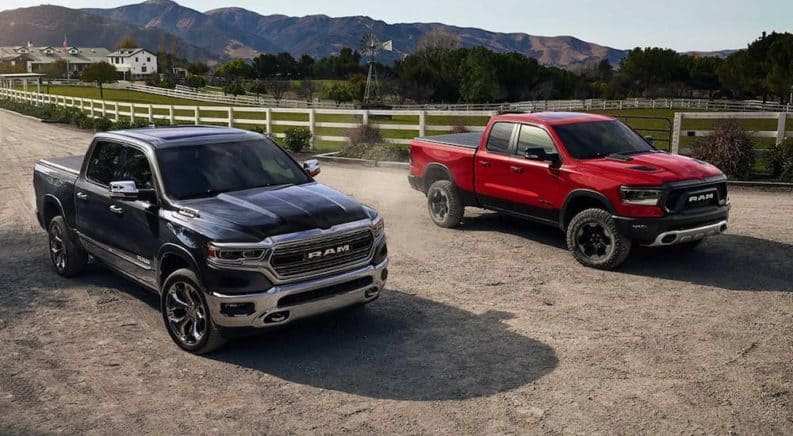 Two popular used vehicles for sale, a 2019 Ram 1500 in black and in red, are parked in the driveway of a farm.
