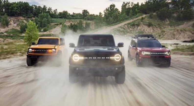 A yellow Bronco 2-door, a black Bronco 4-door, and a red Bronco Sport are driving on a dirt road and shown from the front.