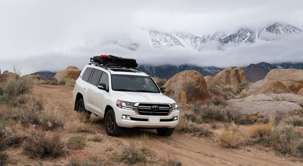 A white 2021 Toyota Land Cruiser is off-roading on a dirt trail in front of snow-capped mountains.