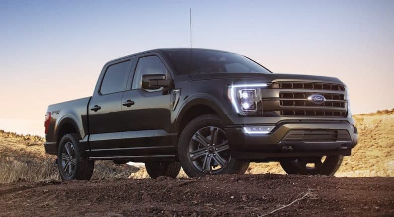 A new generation of Ford truck for sale, a black 2021 Ford F-150 Lariat Sport, is shown parked in a field.