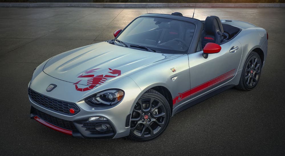 A silver 2021 Fiat 124 Spider with a red scorpion decal is parked on a racetrack at sunset.