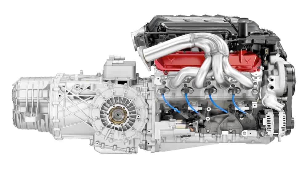 The Chevy Corvette V8 LT2 engine is shown from the side.